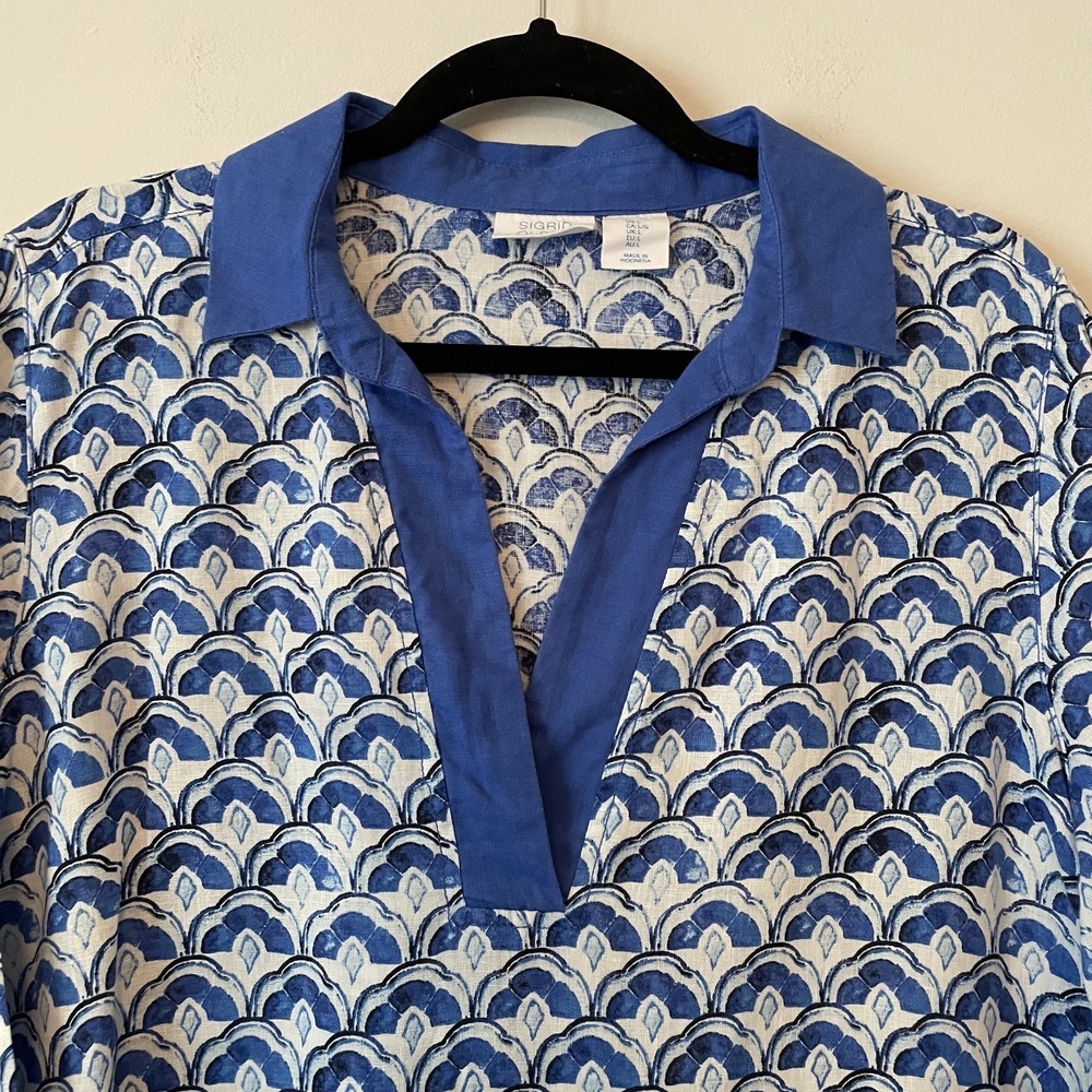 Sigrid Olsen Linen Patterned Tunic Top Blue L Resort Beach Coastal Sustainable - Picture 4 of 10
